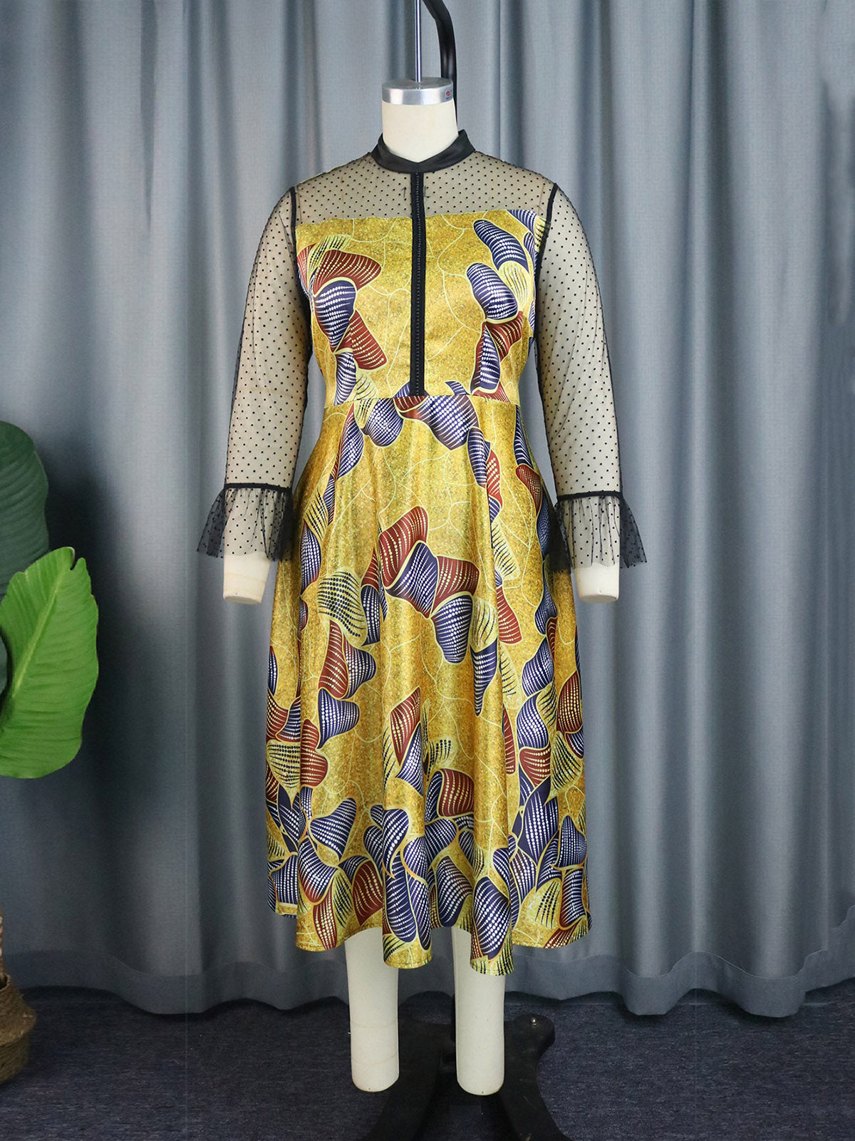 Elegant Mesh Sleeve Patchwork Print Party Dress