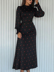 Printed Bell Sleeves Waist Draped Satin Maxi Dress