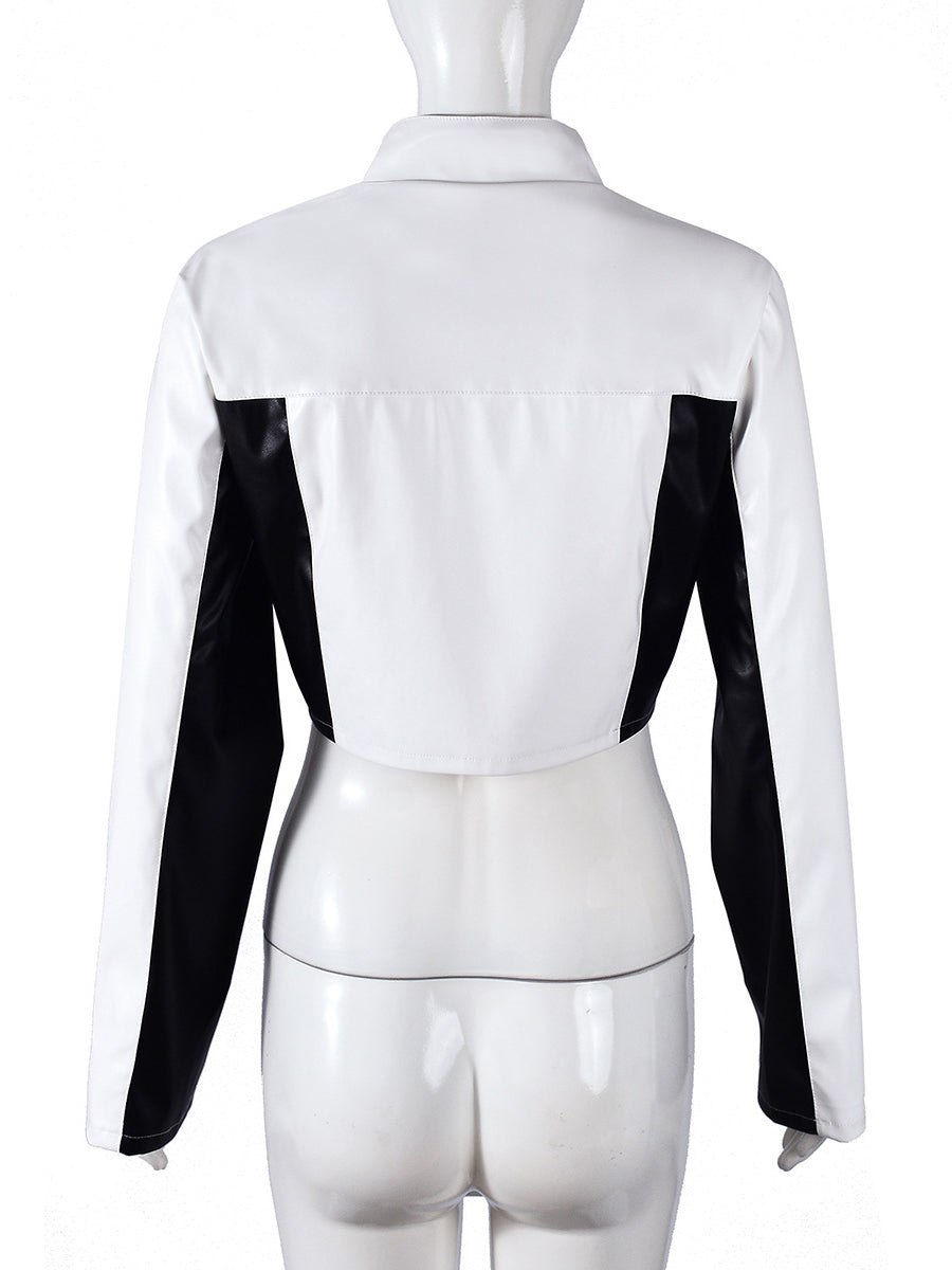 Fashion Faux Leather Color block Zip Up Crop Jacket