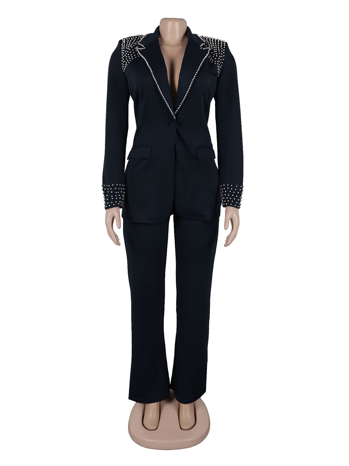 Elegant Pearl Embellishment Blazer Pants Suit Set