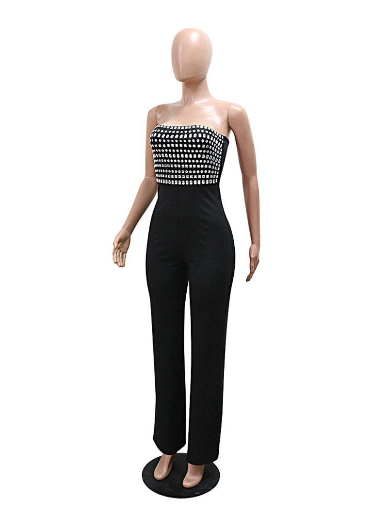 Chic Rhinestone Strapless Sexy Straight Jumpsuit