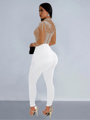 Rhinestone Mesh High Neck Long Sleeve Jumpsuit