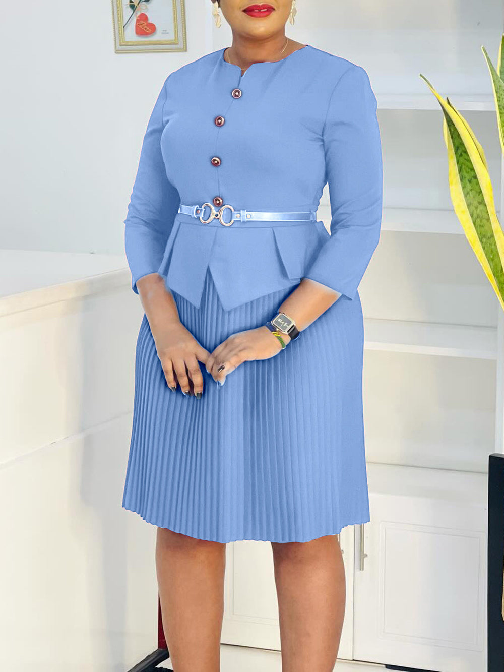 Elegant Belt Slim Pleated Midi Dress