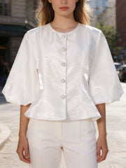 Fashion Round Neck Puff Sleeve Cropped Blouse