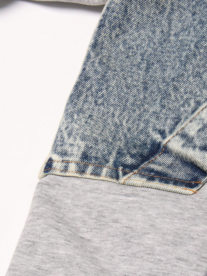 Fashion Round Collar Patchwork Denim Knit Sweater