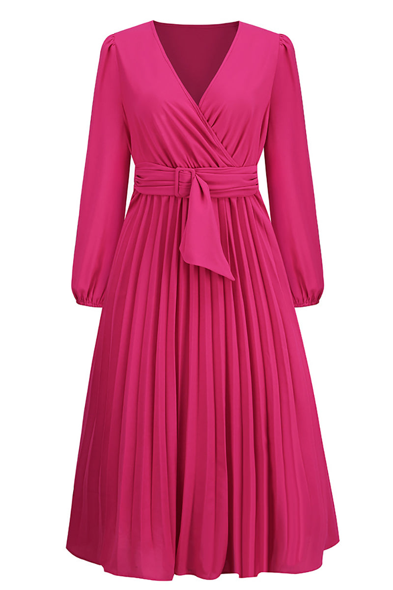 Casual Long Sleeve V-neck Slim Pleated Dress