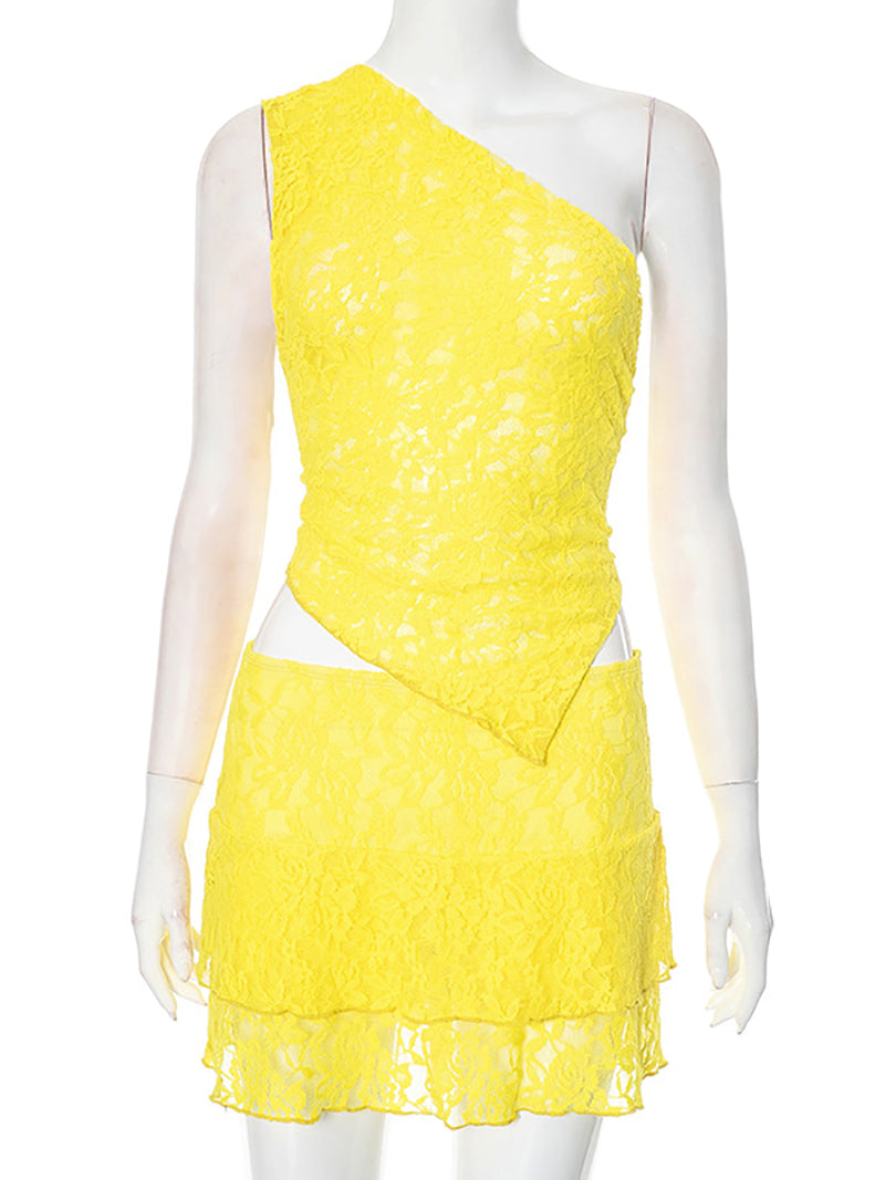 Sexy Lace Sloping Shoulder Tops Mini Skirt Sets