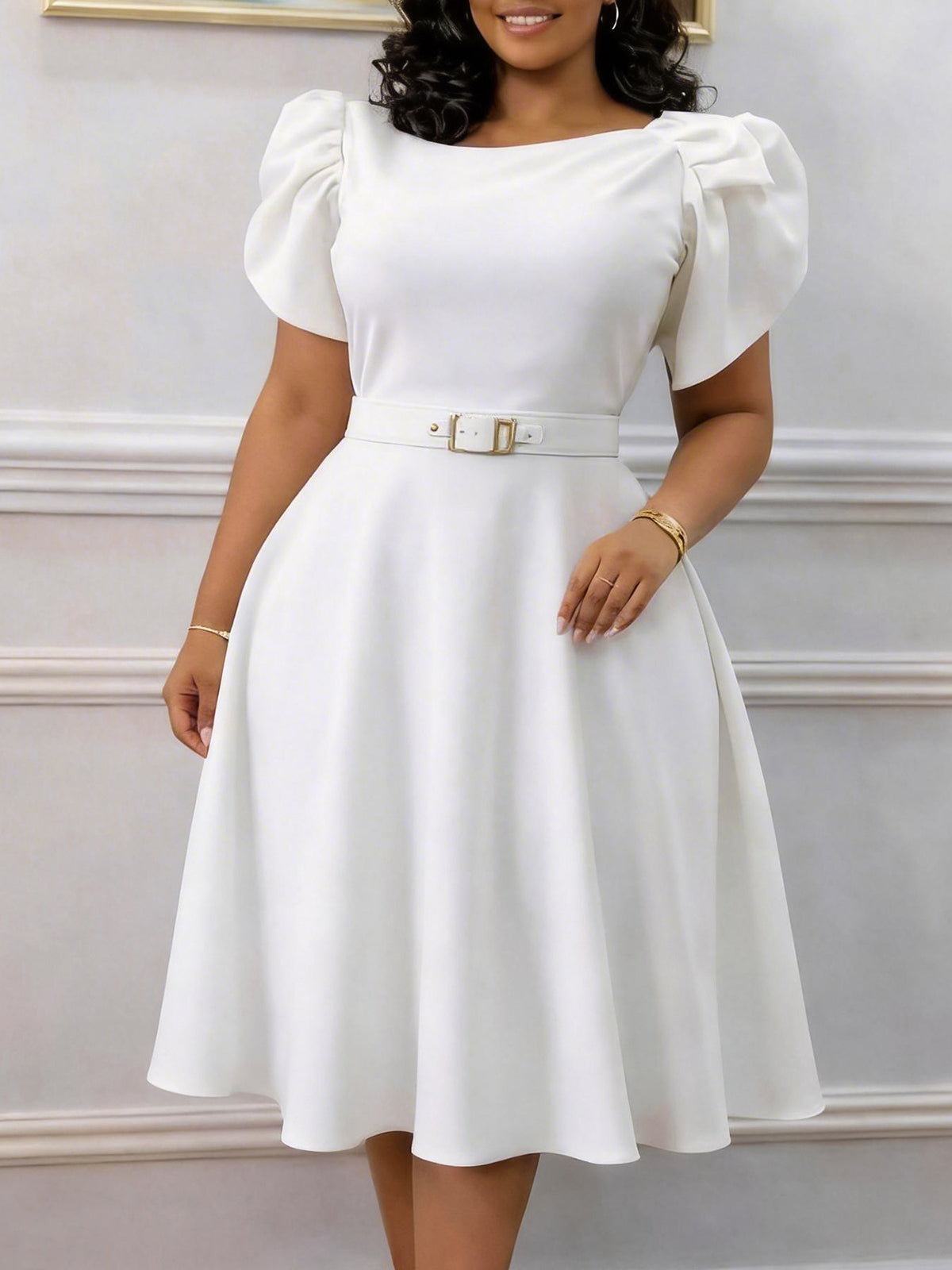 Elegant Solid Color Puff Sleeve High Waist Midi Dress