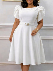 Elegant Solid Color Puff Sleeve High Waist Midi Dress