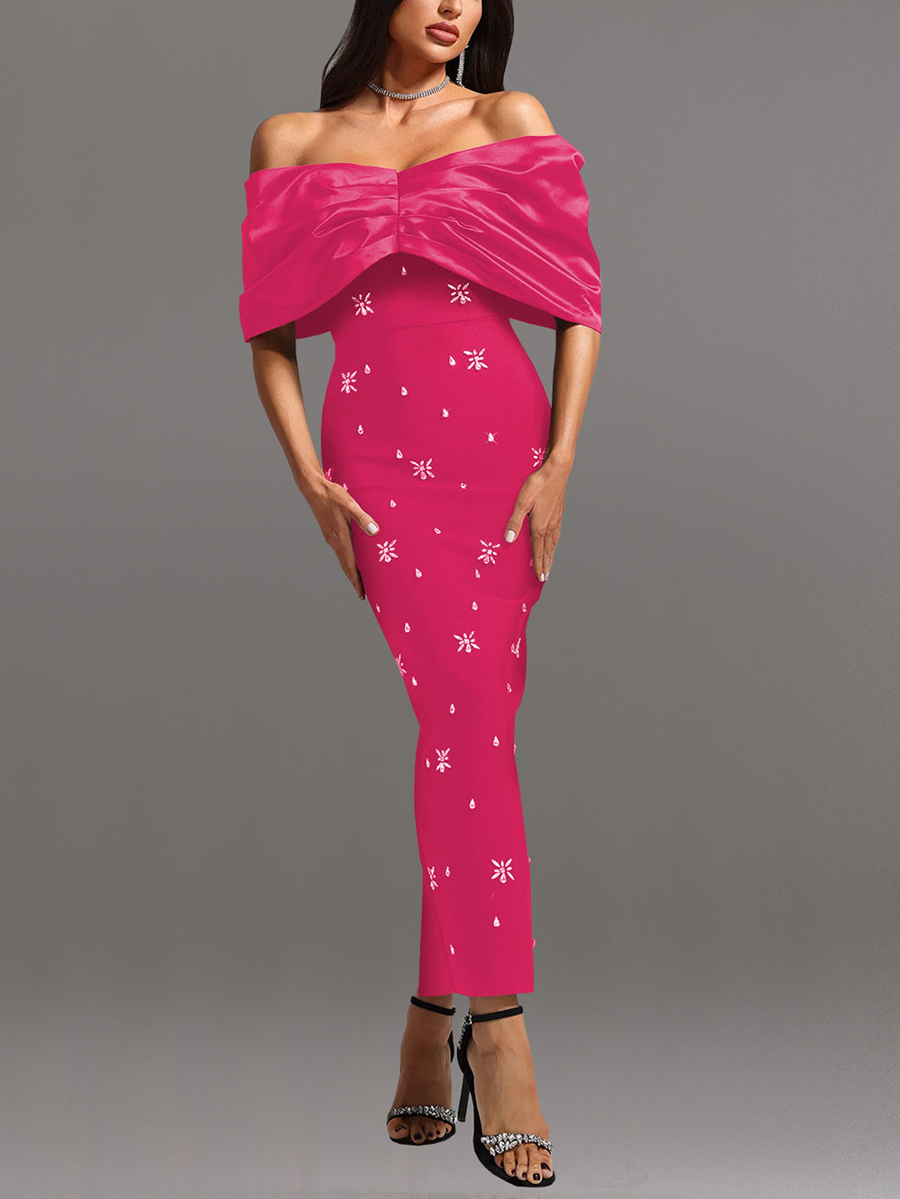 Sexy Off-the-Shoulder Rhinestone Maxi Dress