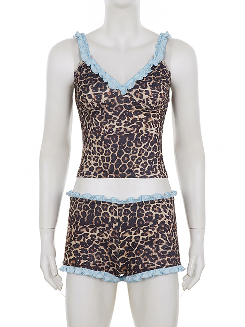 Casual Leopard Print Crop Top And Shorts Two Piece Set