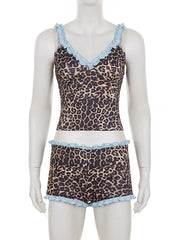 Casual Leopard Print Crop Top And Shorts Two Piece Set