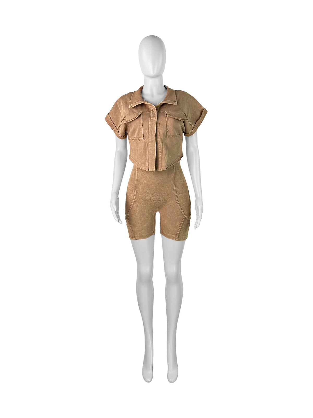 Casual Washed Cropped Jacket Ribbed Romper Set