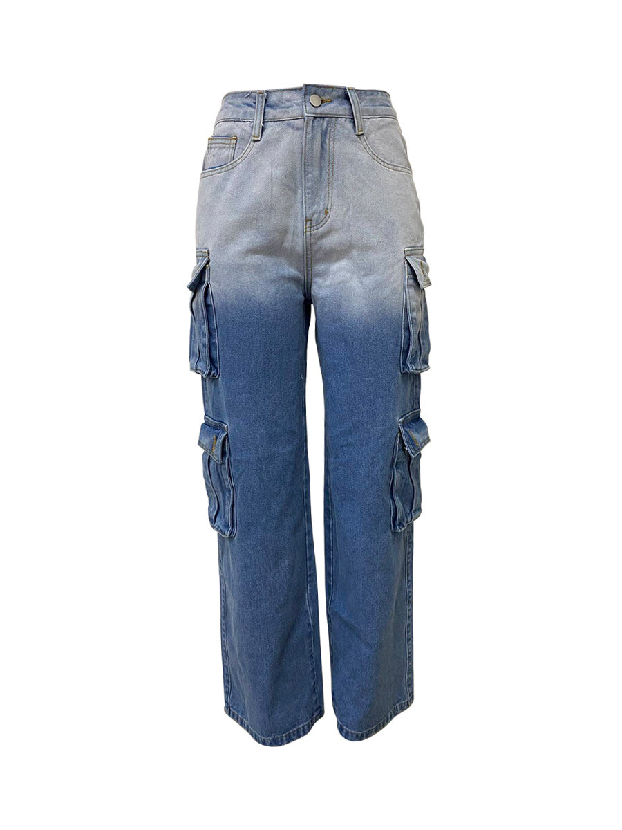 Fashion Gradient Color Cargo Straight Jeans