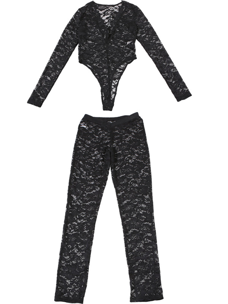 Sexy Lace See through Bodysuit Two Pieces Pants Set