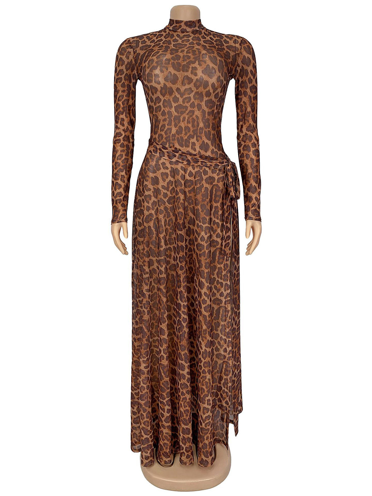 Fashion Leopard Print Sheer Mesh High Slit Dress