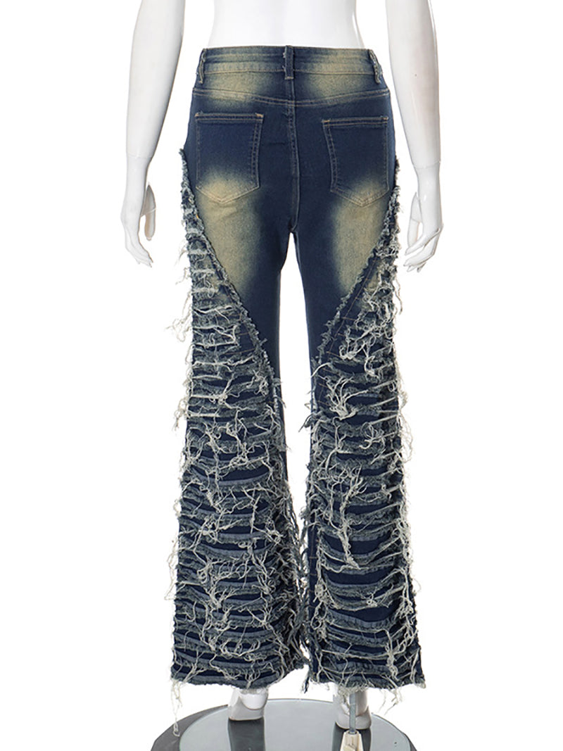 Washed Denim Fuzzy Trim Flared Jeans