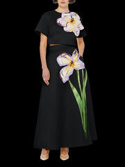 Fashion 3D Floral Applique Skirt Two-Piece Set