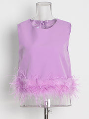 Fashion Round Neck Sleeveless Feather Design Vest Top