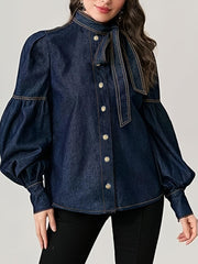 Fashion Bow Tie Neck Lantern Sleeve Denim Shirt