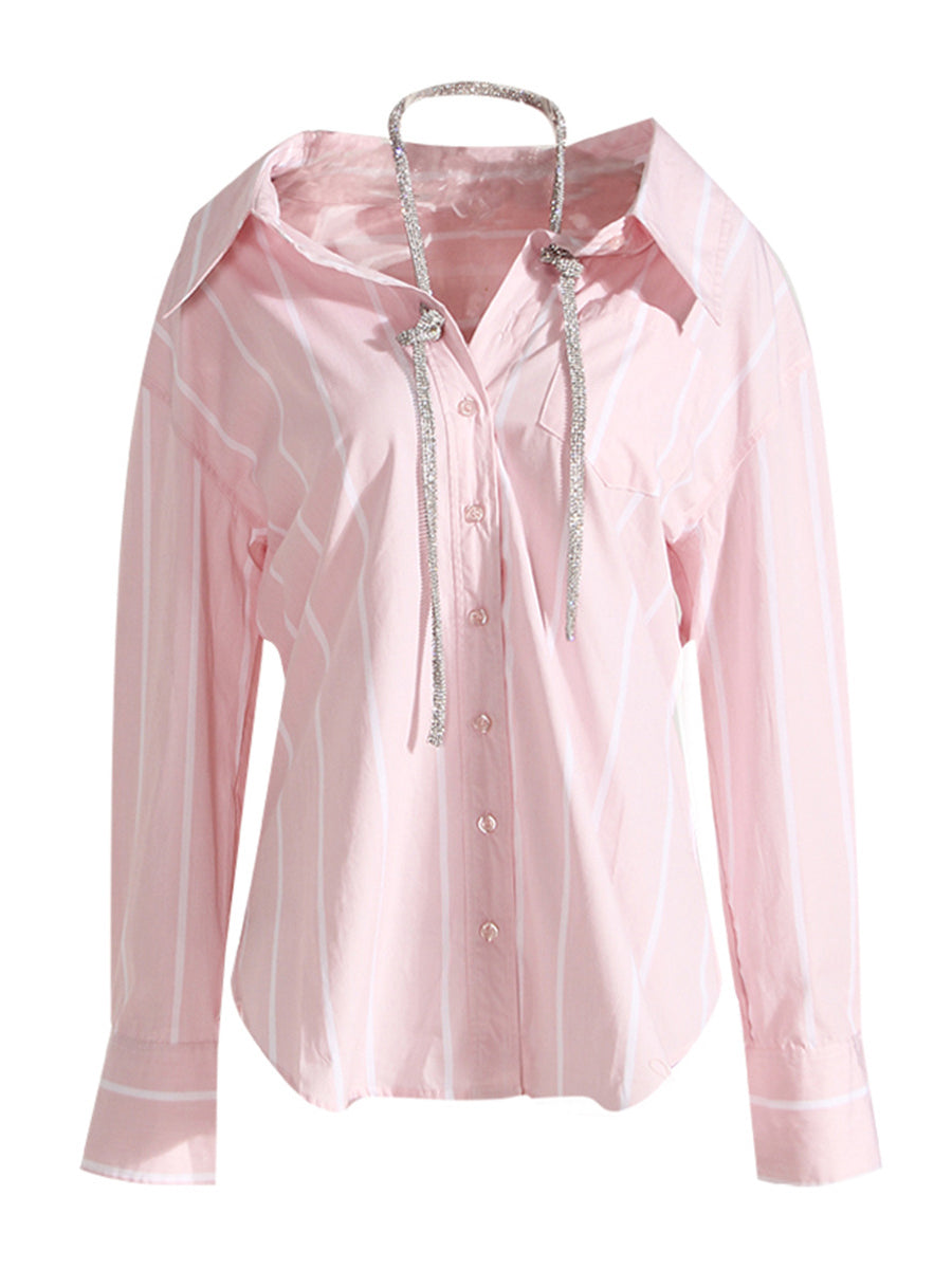 Rhinestones Striped Lapel Blouse Long Sleeve Shirt