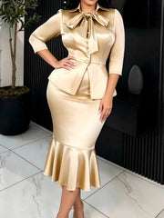 Bow Cinched Waist Slim Blazer And Fishtail Skirt Gown Set