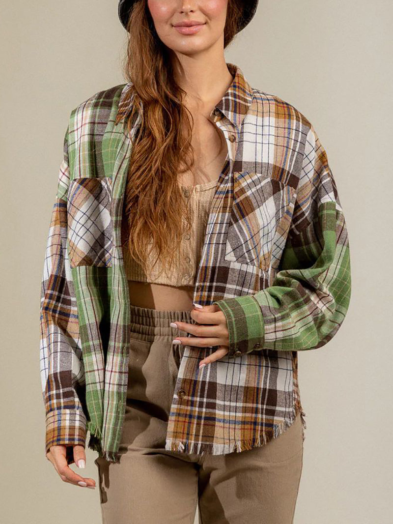 Casual Patchwork Button Loose Plaid Shirt