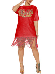 Round Neck Sequin Tassels Loose T-shrit Dress