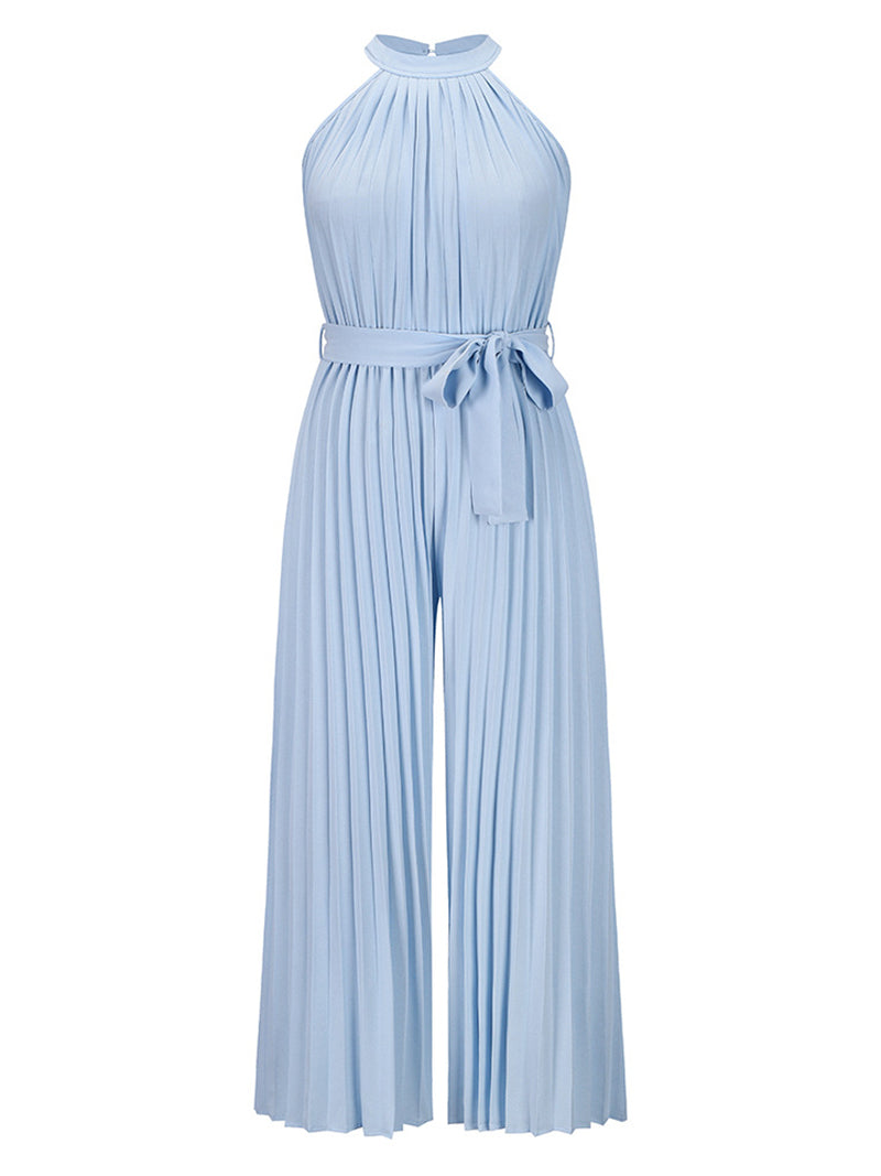 Fashion Sleeveless Slim Wide Leg Pleated Jumpsuit
