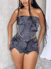 Sexy Strapless Slit Elastic Denim Shorts Two Piece Set