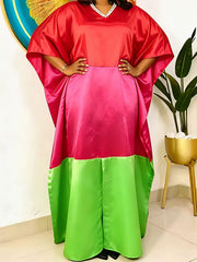 Fashion V Neck Bat Sleeve Contrast Color Satin Maxi Dress