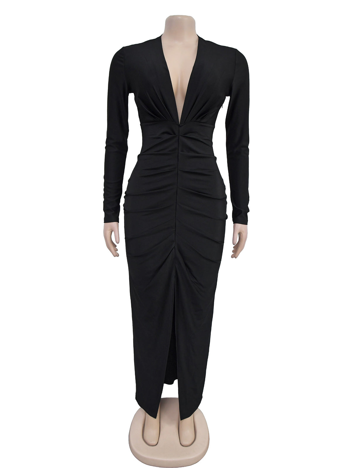 Midnight Allure Sexy Deep V Ruched Maxi Dress