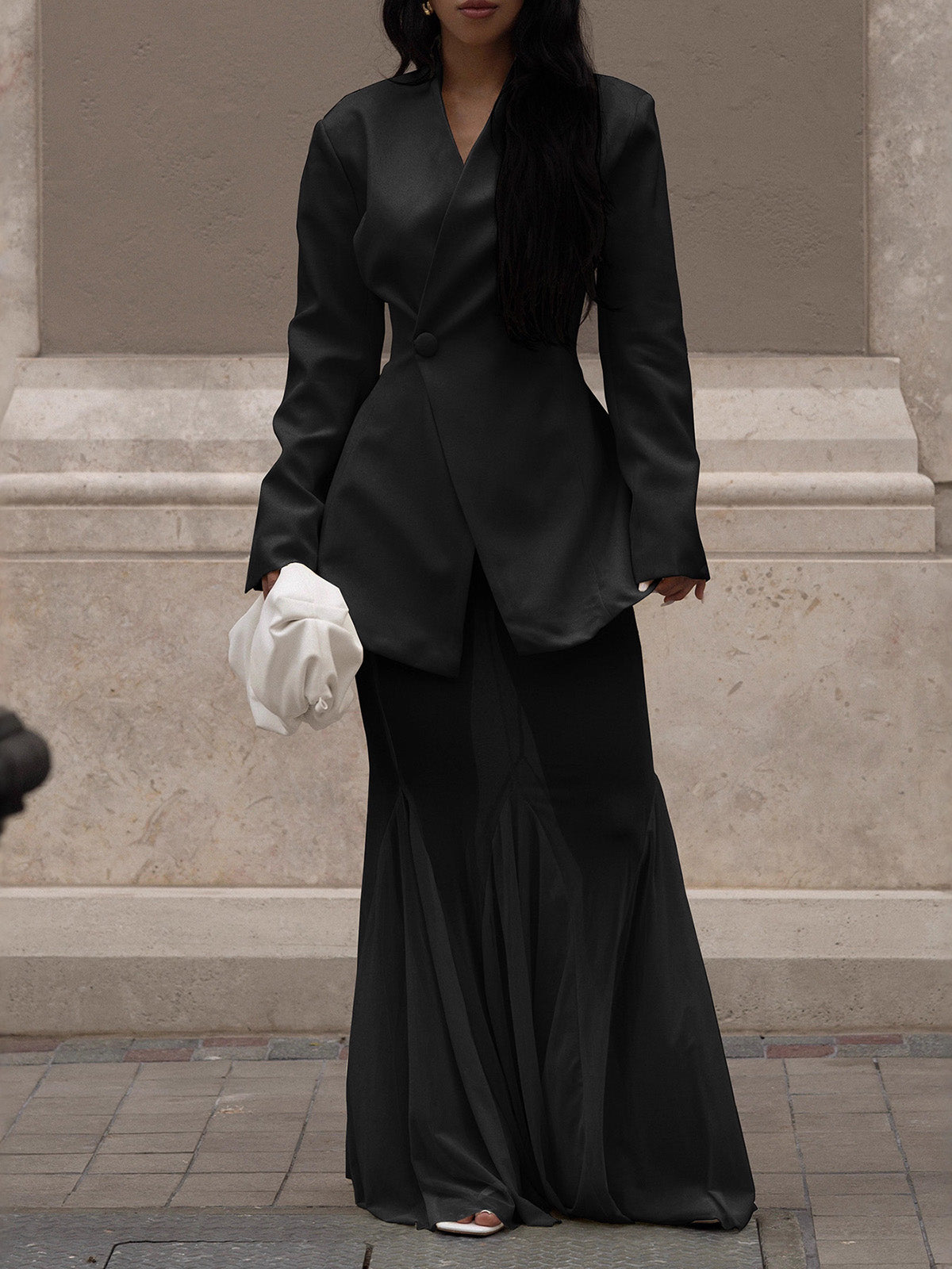 Fashion Slim Blazer Mesh Sheer Long Skirt Sets