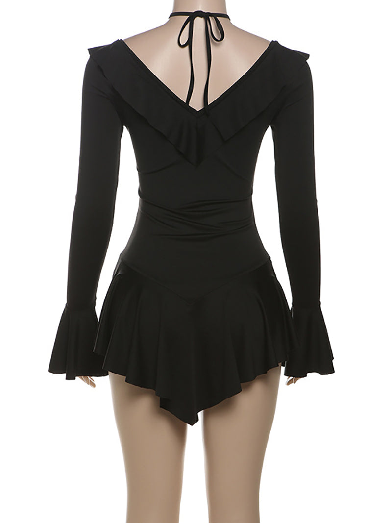 Sexy Ruffle Lace-Up Slim Hem Trim Mini Dress