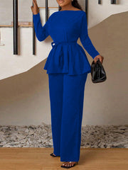 Round Collar Lace-up Ruffle Top And Trousers Casual Set
