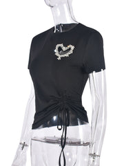 Rhinestone Hollow out Drawstring Casual love T shirt