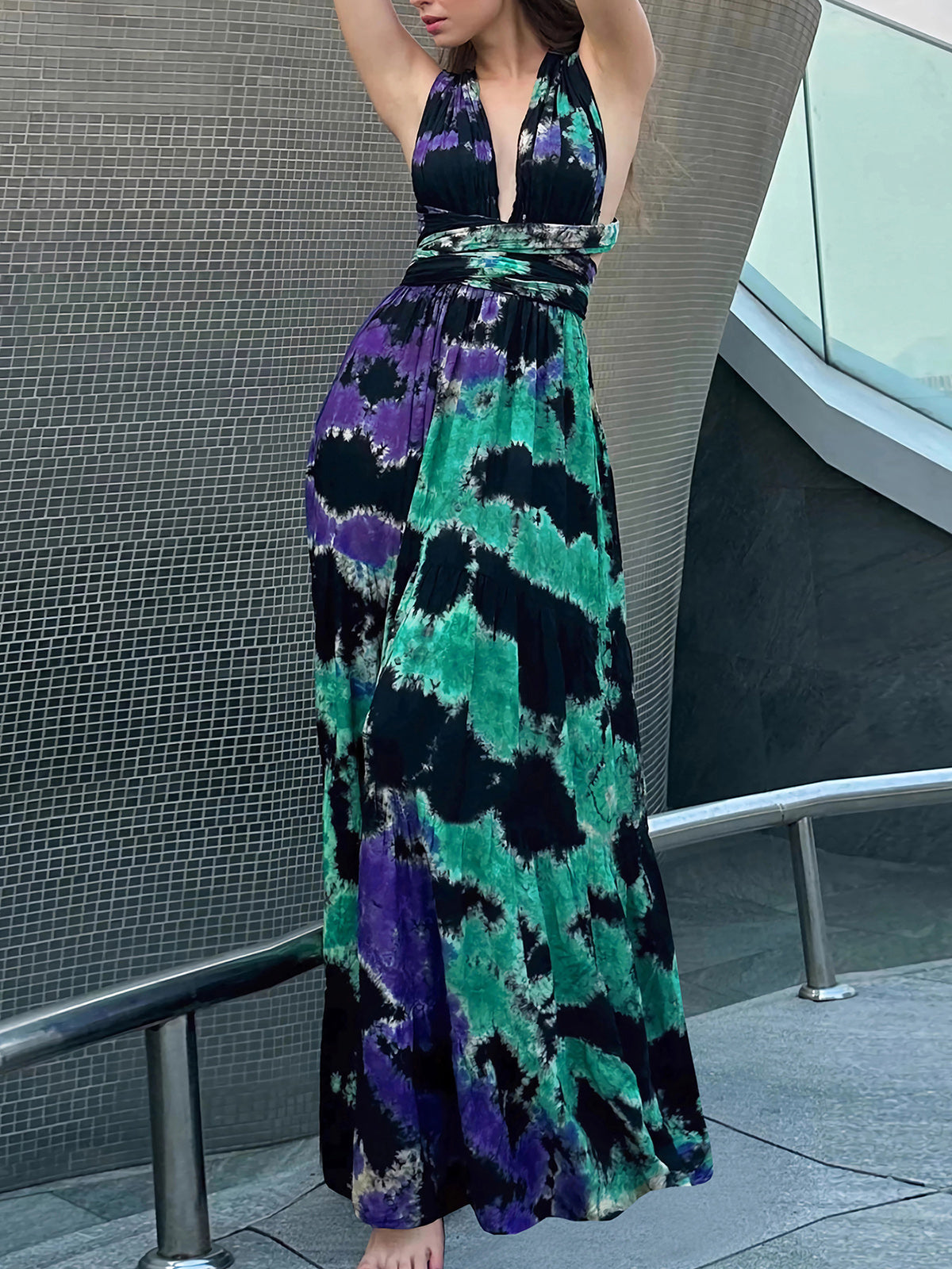 Sexy Halter Sleeveless Print Long Dress