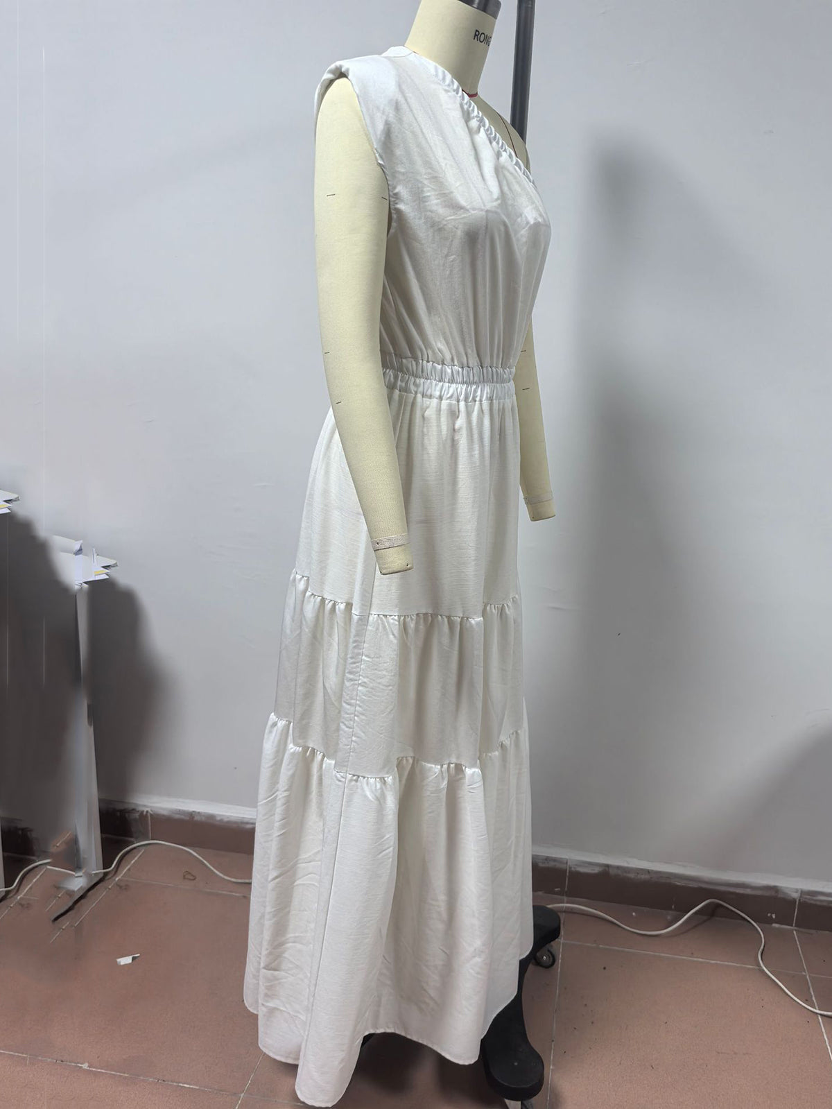 Single Shoulder Cinched Waist Tiered Maxi Dress
