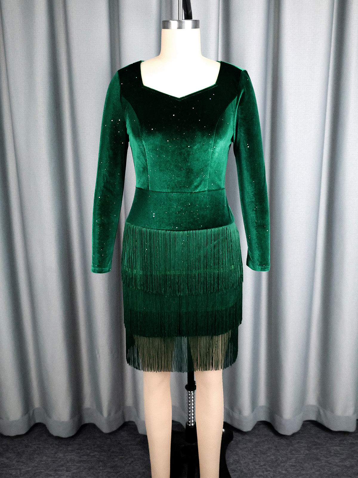 Elegant Sequin Velvet Tiered Fringe Mini Dress