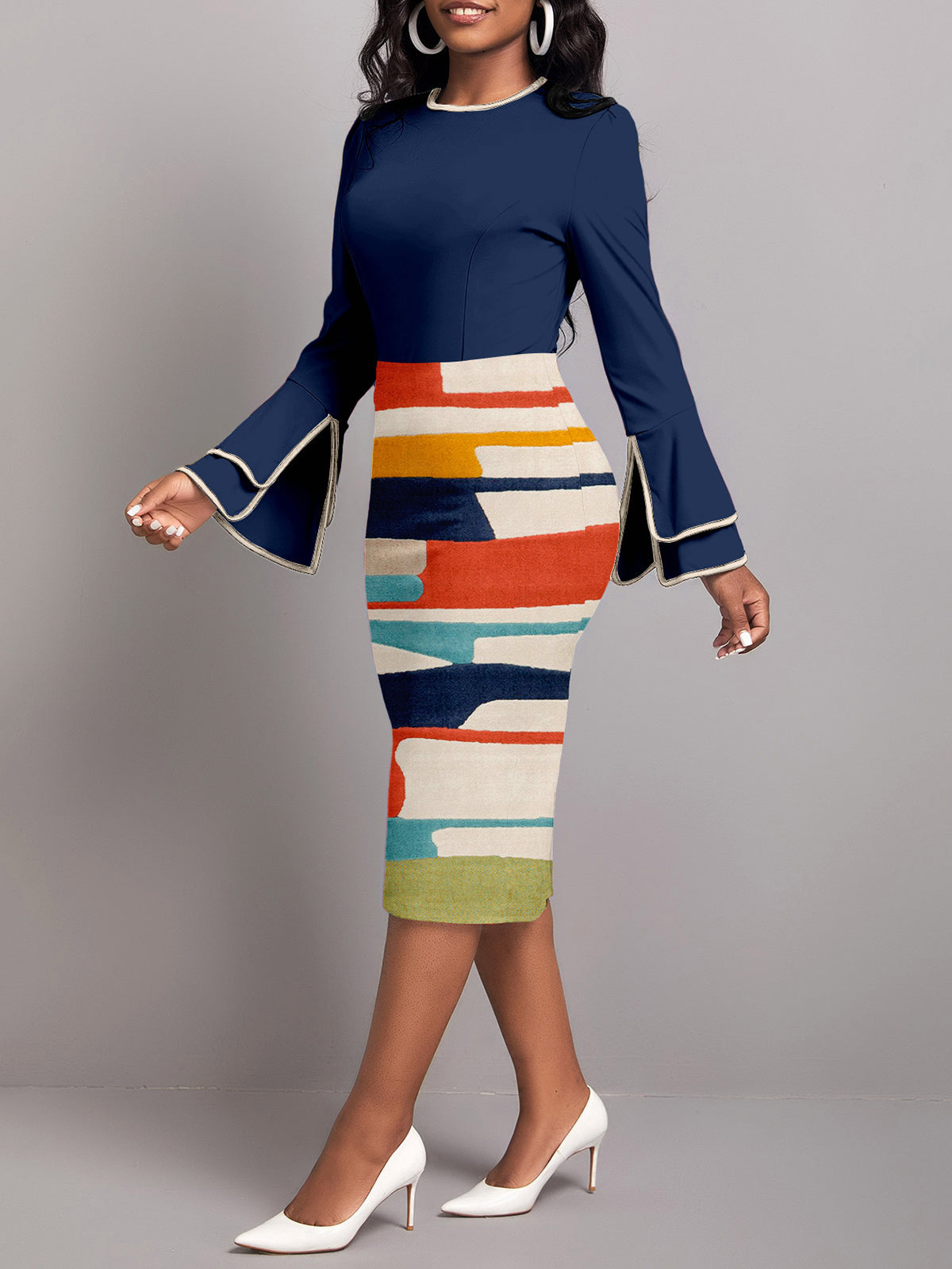 Block Zipper O Neck Pencil Skirt Dress