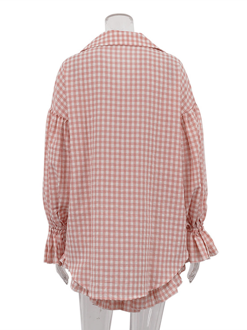 Fashion Plaid Puff Sleeve Ruffle Shirt Shorts Sets