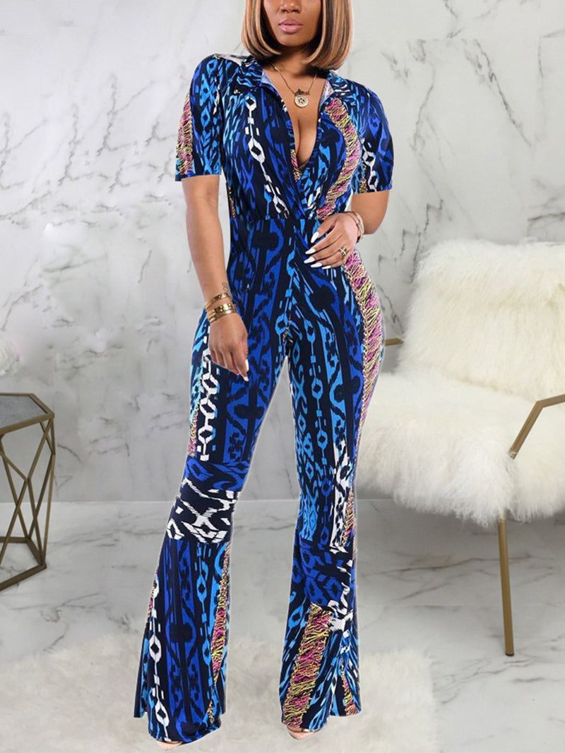 Fashion Short Sleeves Print Jumpsuit