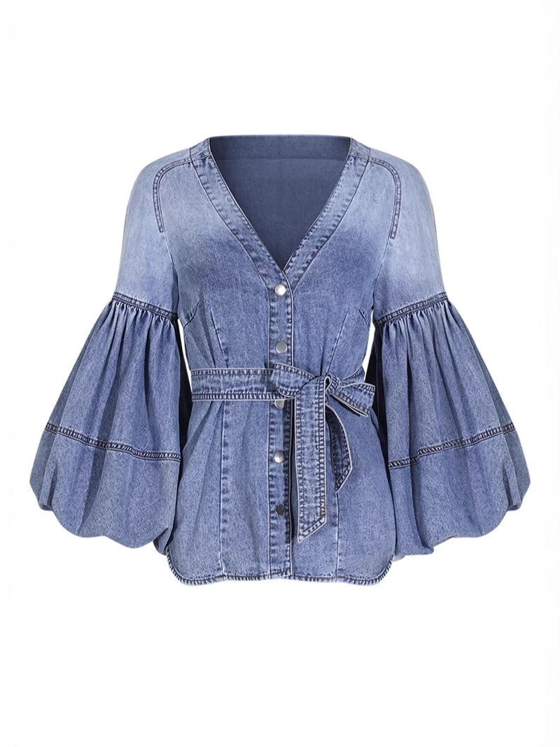 Casual V-Neck Balloon Sleeve Denim Blouse