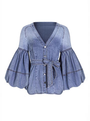 Casual V-Neck Balloon Sleeve Denim Blouse