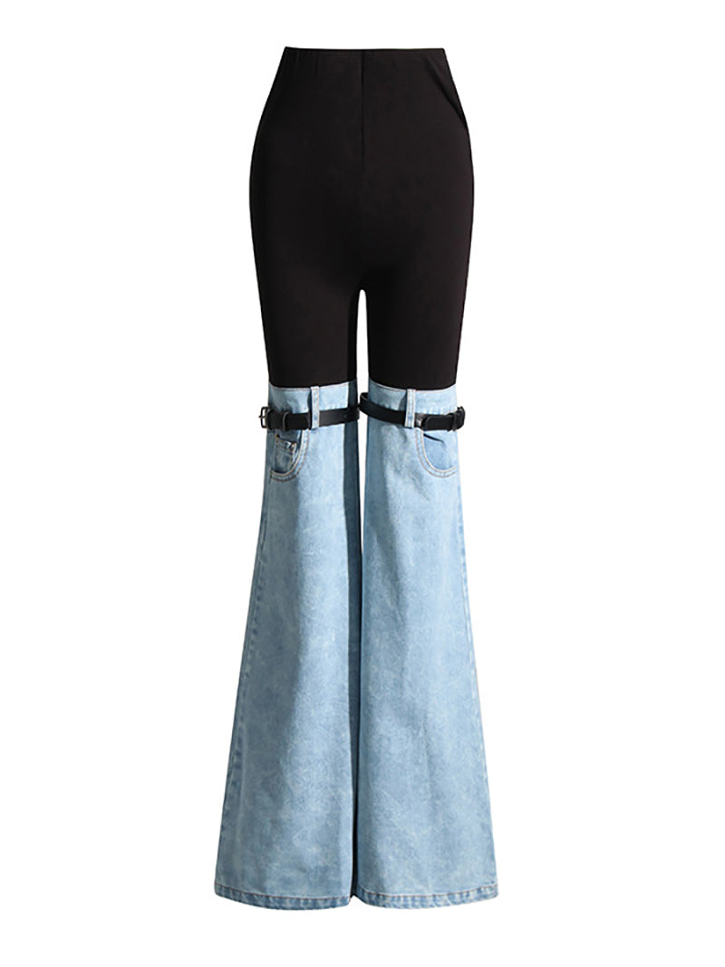 Fashion Denim Patchwork High Waist Bottom Flare Jeans