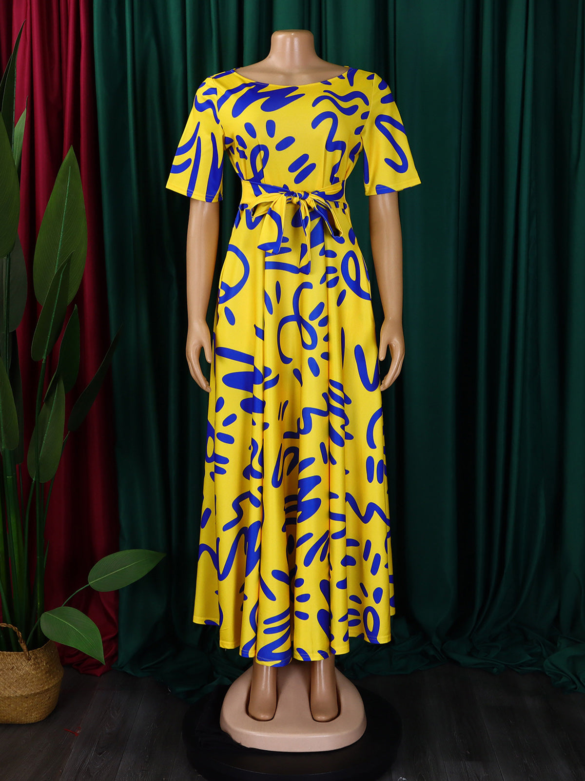 Elegant Lace-up Short Sleeve Print Dress
