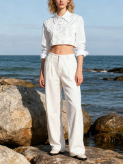 Lapel Long Sleeve Single Breasted Cropped Shirt