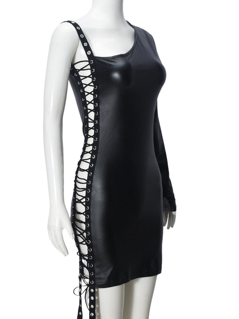 Sexy Faux Leather One Sleeve Micro Mini Dress