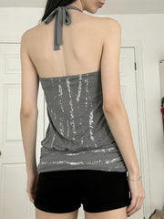 Fashion Print O Ring Ruched Halter Top