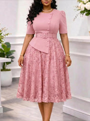 Lace Panel Belted Two Piece Look Dress